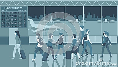 Crowd of passengers wearing protective medical masks in airport departure area. Travel during coronavirus COVID-19 disease Vector Illustration